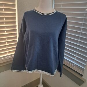 Elegant Navy Crew Neck Sweater with Striped Trim